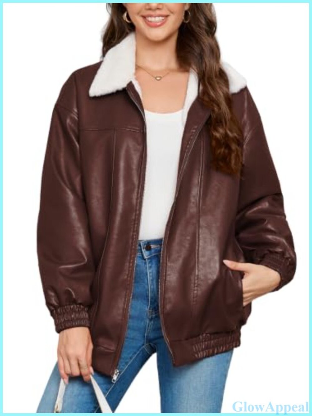 Women's Sherpa Faux Leather Jacket Zip Ribbed Oversized Warm Coat